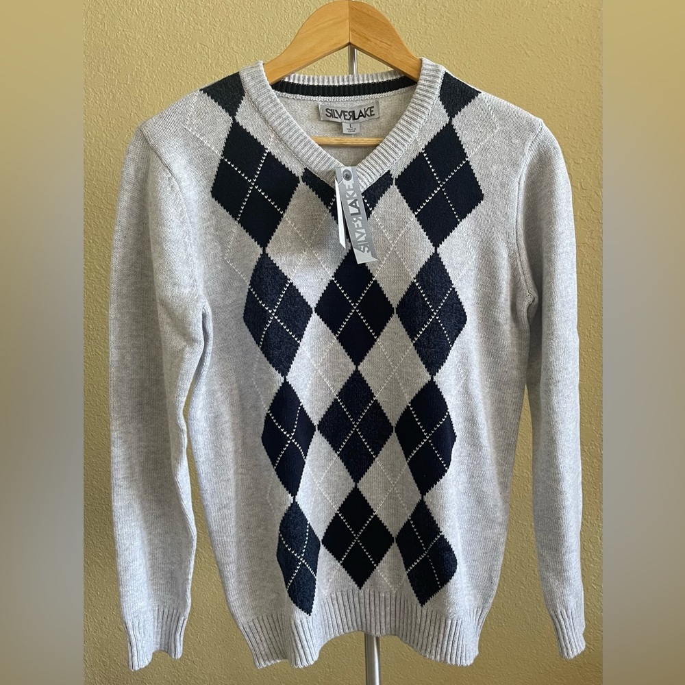 NEW SilverLake Boys Argyle Sweater, Large, Blue Heather Gray/Silver